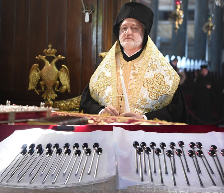 Archbishop Elpidophoros with multiple communion spoons